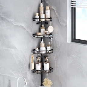 LazySpin 4-Shelf Corner Shower Caddy Tension Pole, Adjustable Shower Organizer Rack 19.7 to 113.8 inches, Black