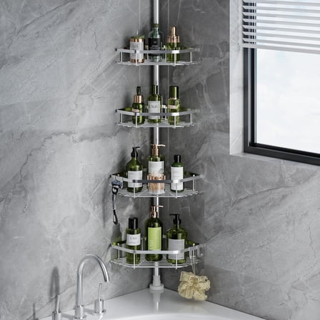 LazySpin 4-Tier Corner Shower Caddy Tension Pole, Fits 37.8”-124”, Silver