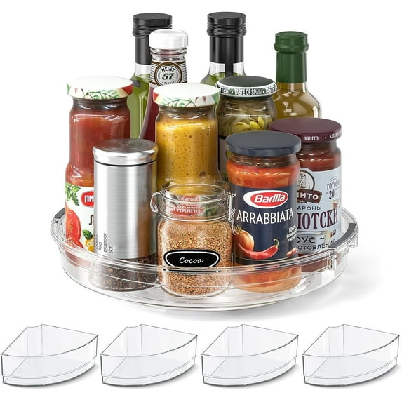 LAMU Lazy Susan Organizer Turntable for Cabinet with 4 Removable Dividers Bins, Rotating Organizer for Kitchen, Countertop, Pantry, Fridge, Bathroom Counter, 10.6 inch, Clear