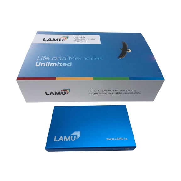 LAMU Portable Photo Organizer 500GB Sky Blue for Windows, All Your Photos in One Place, Organized, Portable, Accessible