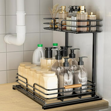 LAMU Under Sink Organizers and Storage, 2 Tier Kitchen Bathroom Cabinet Organizers and Storage, Pull Out Under Sink Storage Kitchen Shelf Organizer for Under Counter Storage Organizer