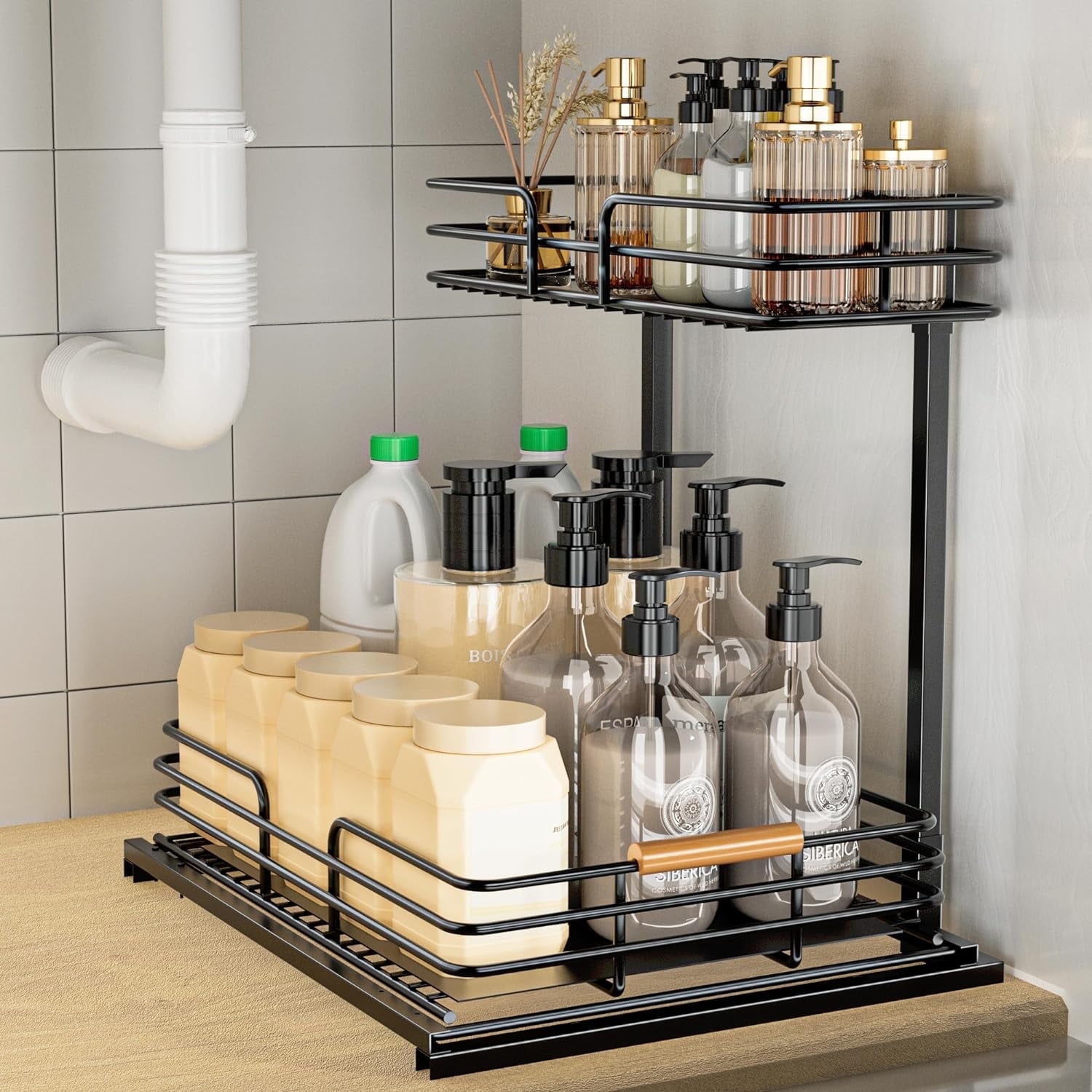 LAMU Under Sink Organizers and Storage, 2 Tier Kitchen Bathroom Cabinet Organizers and Storage, Pull Out Under Sink Storage Kitchen Shelf Organizer for Under Counter Storage Organizer