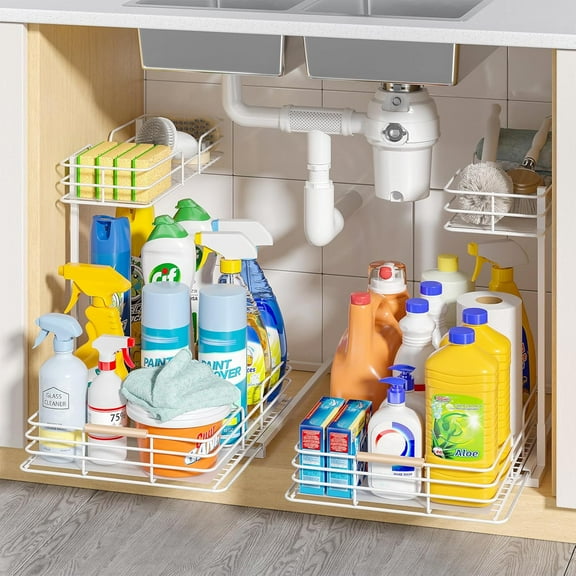 LAMU Under Sink Organizers and Storage, 2Pack 2 Tier Kitchen Bathroom Cabinet Organizers and Storage, Pull Out Under Sink Storage Kitchen Shelf Organizer for Under Counter Storage Organizer, White