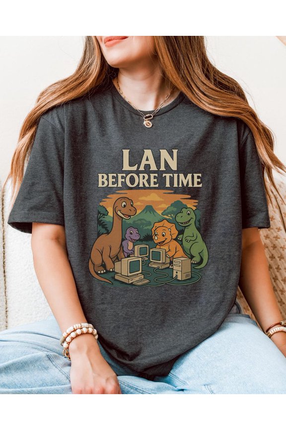 LAN Before Time Dinosaur Gamer Shirt, Retro Dino Computer Graphic Tee, Tech Humor Gaming Party Design Unisex Cotton T-Shirt, Size S-5XL