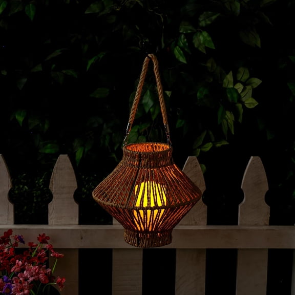 LAN420HH-BG-TM Hanging Woven Lantern with LED Candle and Timer, Boho Home Decor, 9" H, Beige