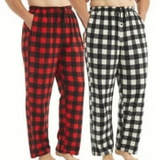 LANBAOSI 2 Pack Big & Tall Men's Fleece Plaid Pajama Pants Comfortable Breathable Drawstring Pajama Bottoms with Pockets, Size 1XL