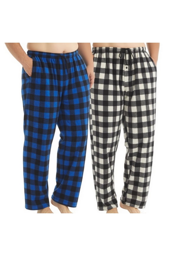 2 Pack Big & Tall Men's Fleece Plaid Pajama Pants Comfortable Breathable Drawstring Pajama Bottoms with Pockets, Size 1XL