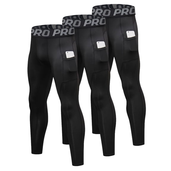 LANBAOSI 3 Pack Men's Athletic Sports Tights Base Layer Gym Workout Running Pants Size L
