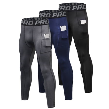 LANBAOSI 3 Pack Men's Athletic Sports Tights Base Layer Gym Workout Running Pants Size L