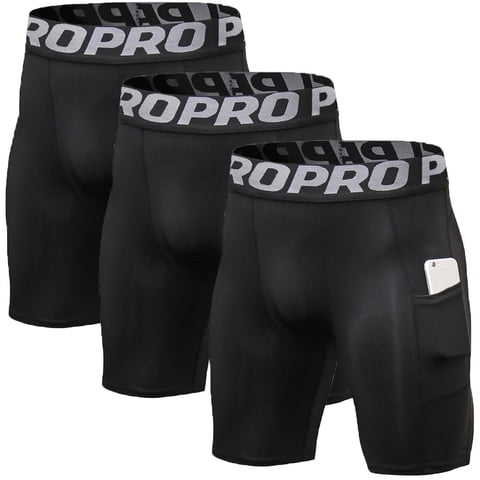 3 Pack Men Compression Shorts with Pocket Athletic Running Workout Underwear Size L