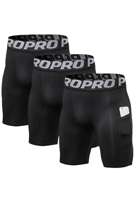 3 Pack Men Compression Shorts with Pocket Athletic Running Workout Underwear Size L