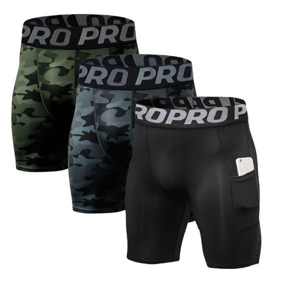 LANBAOSI 3 Pack Men Compression Shorts with Pocket Athletic Running Workout Underwear Size L