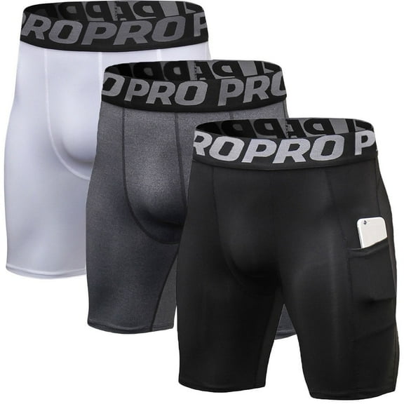 LANBAOSI 3 Pack Men Compression Shorts with Pocket Athletic Running Workout Underwear Size L