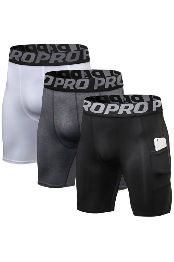 3 Pack Men Compression Shorts with Pocket Athletic Running Workout Underwear Size L