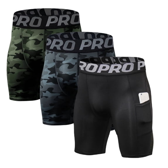 LANBAOSI 3 Pack Men Compression Shorts with Pocket Athletic Running Workout Underwear Size L