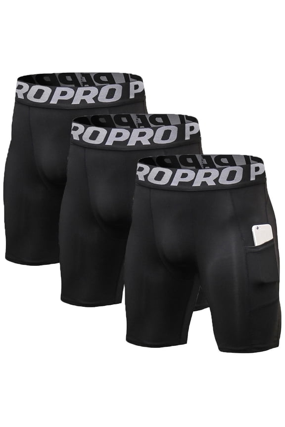 3 Pack Men Compression Shorts with Pocket Athletic Running Workout Underwear Size L