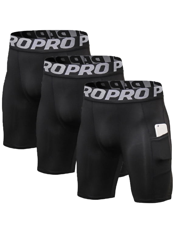 3 Pack Men Compression Shorts with Pocket Athletic Running Workout Underwear Size L