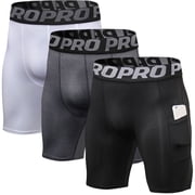 LANBAOSI 3 Pack Men Compression Shorts with Pocket Athletic Running Workout Underwear Size L