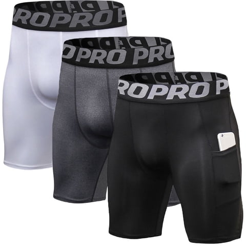 3 Pack Men Compression Shorts with Pocket Athletic Running Workout Underwear Size L