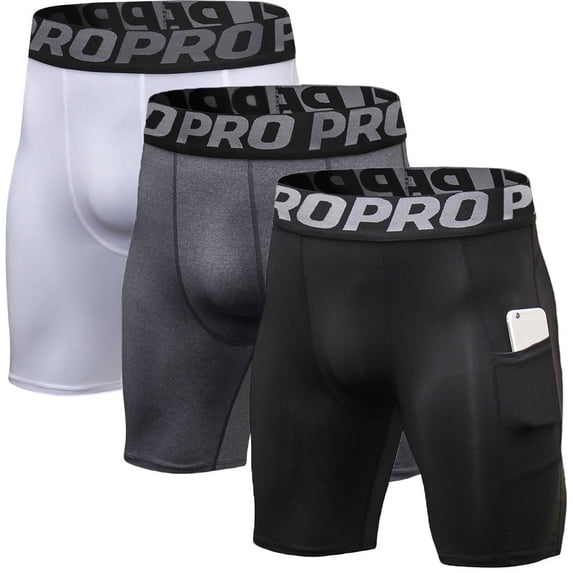 LANBAOSI 3 Pack Men Compression Shorts with Pocket Athletic Running Workout Underwear Size L