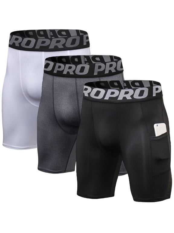 3 Pack Men Compression Shorts with Pocket Athletic Running Workout Underwear Size L