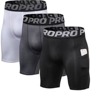 LANBAOSI 3 Pack Men Compression Shorts with Pocket Athletic Running Workout Underwear Size M