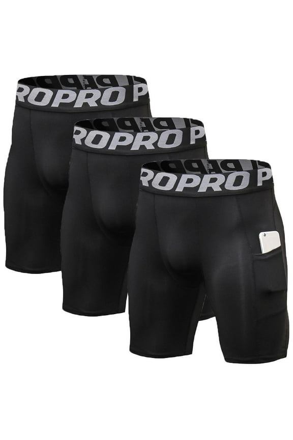 3 Pack Men Compression Shorts with Pocket Athletic Running Workout Underwear Size M