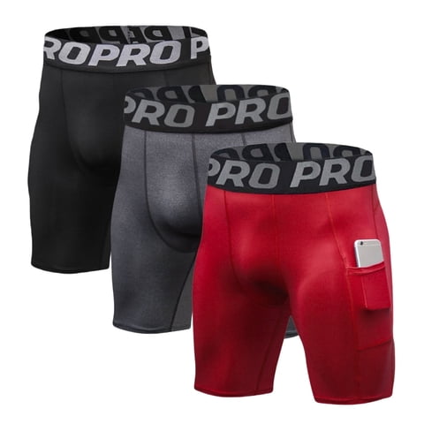 3 Pack Men Compression Shorts with Pocket Athletic Running Workout Underwear Size M