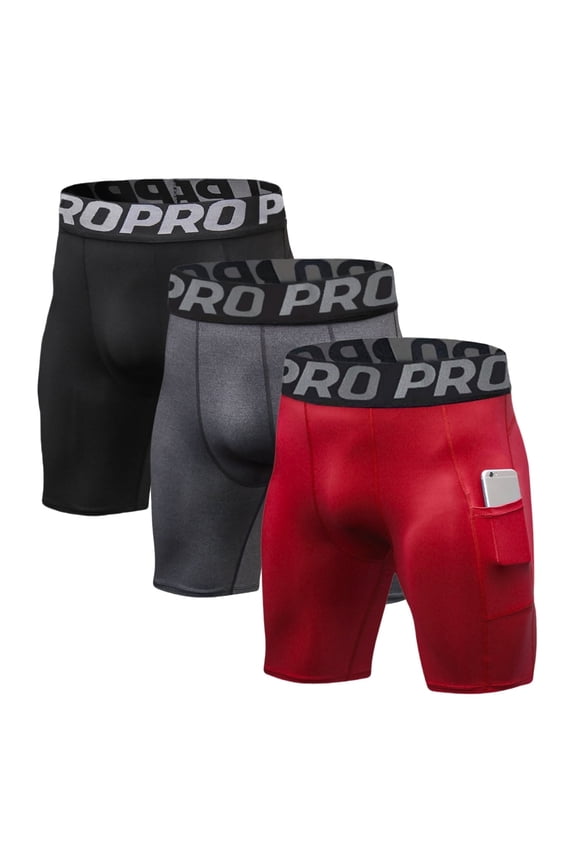 3 Pack Men Compression Shorts with Pocket Athletic Running Workout Underwear Size M