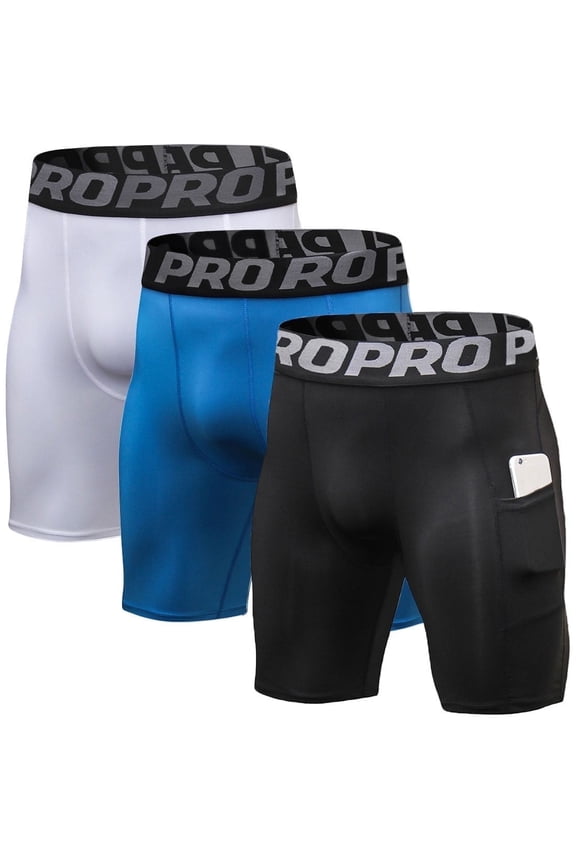 3 Pack Men Compression Shorts with Pocket Athletic Running Workout Underwear Size XL