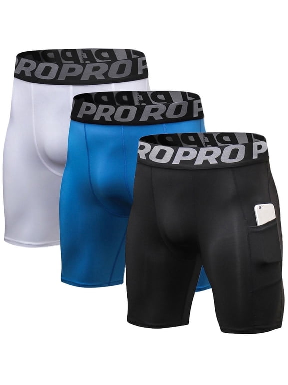 Men 3 Pack Performance Compression Shorts with Phone Pocket Workout Running Shorts Size 2XL