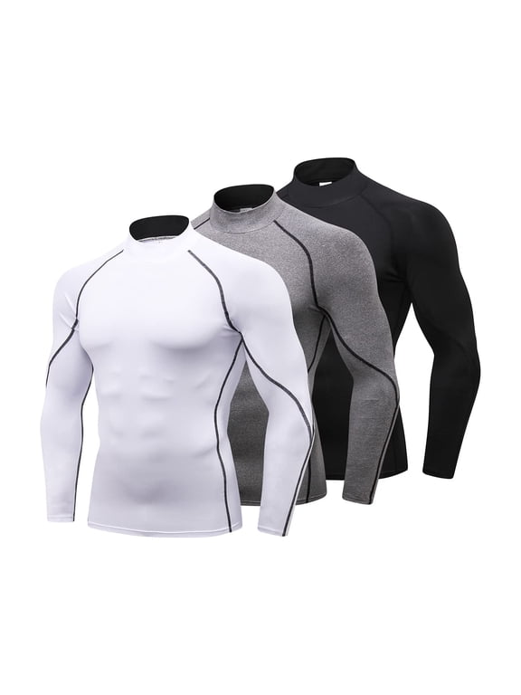 Men's Compression Mock Neck Long Sleeve Quick-Drying Cool Dry Shirts, 3 Pack, Size L