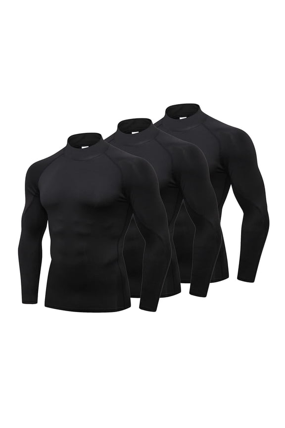 Men's Compression Mock Neck Long Sleeve Quick-Drying Cool Dry Shirts, 3 Pack, Size L