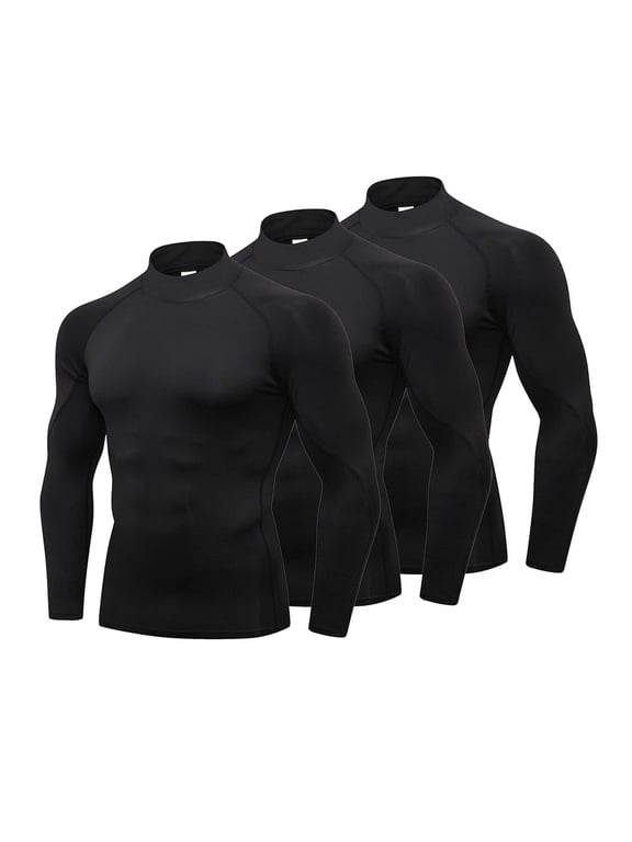 Men's Compression Mock Neck Long Sleeve Quick-Drying Cool Dry Shirts, 3 Pack, Size L