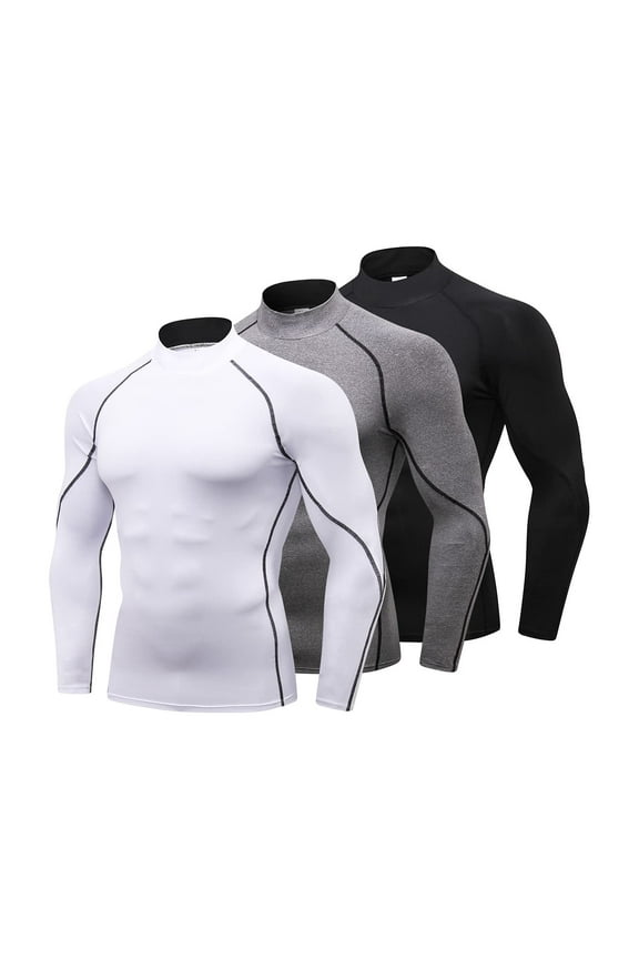 Men's Compression Mock Neck Long Sleeve Quick-Drying Cool Dry Shirts, 3 Pack, Size XL