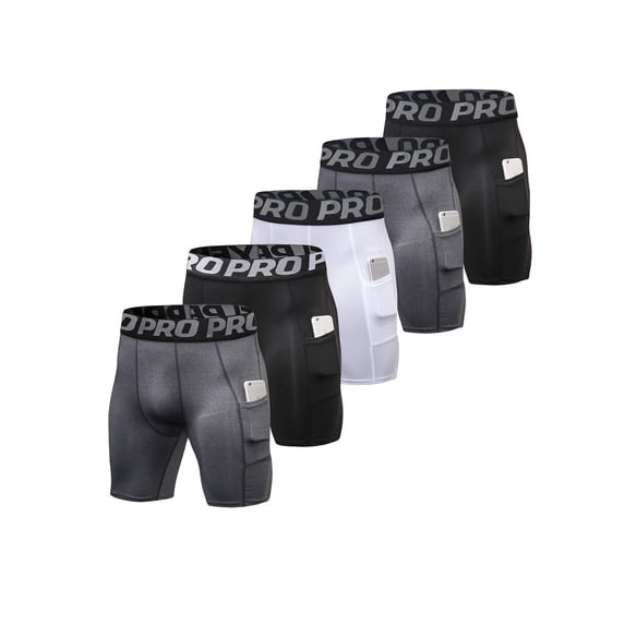 LANBAOSI 5 Pack Men Compression Running Shorts with Pocket Athletic Yoga Workout Underwear Size L