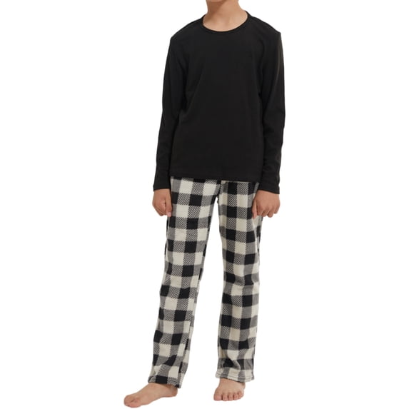 LANBAOSI Boys Girls Pajamas Set, Kids PJs Set Fleece Long Sleeve Pjs Top and Plaid Pants From 7Y to 13Y