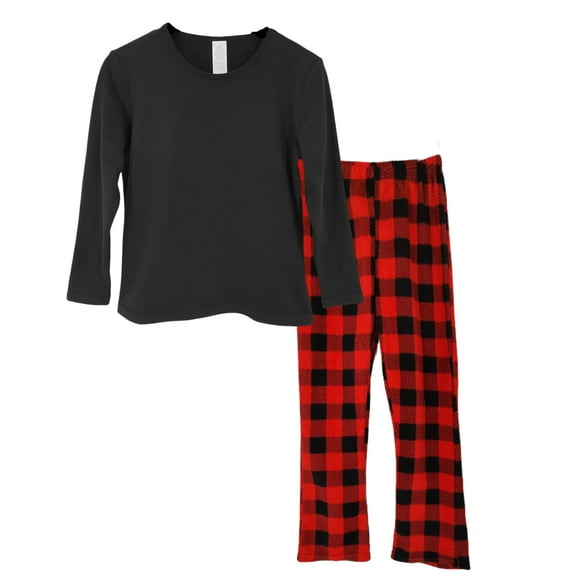 LANBAOSI Boys Girls Pajamas Set, Kids PJs Set Fleece Long Sleeve Pjs Top and Plaid Pants From 7Y to 13Y