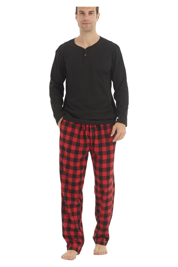 Men Pajamas Set Comfy Plaid Flannel Pants And Microfleece Shirt Size L