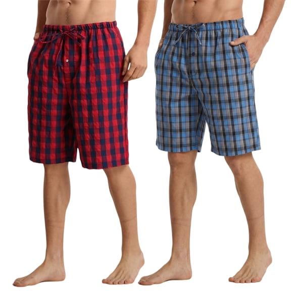 LANBAOSI Men's 2 Pack Pajama Shorts Cotton Blend Sleep Lounge Shorts Plaid Drawstring with Pockets Size L
