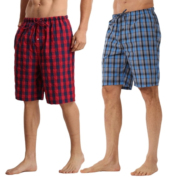 LANBAOSI Men's Plaid Sleep Shorts, Mens Cotton Pajama Shorts with Pockets and Drawstring, 2-Pack Size L