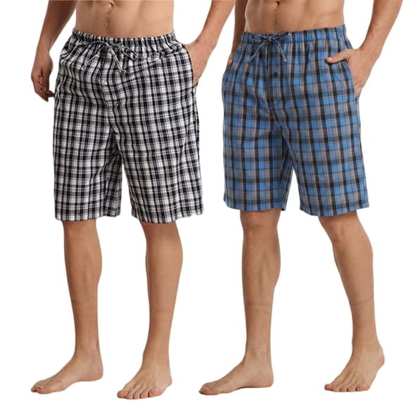 LANBAOSI Men's 2 Pack Pajama Shorts Cotton Blend Sleep Lounge Shorts Plaid Drawstring with Pockets Size L
