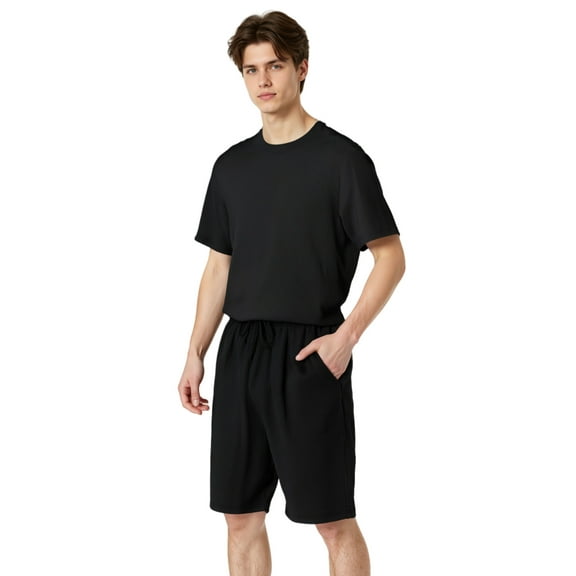 LANBAOSI Mens Pajama Set Summer Ribbed Knit Lounge Short Set 2-Piece Breathable Soft Sleepwear Set Size L