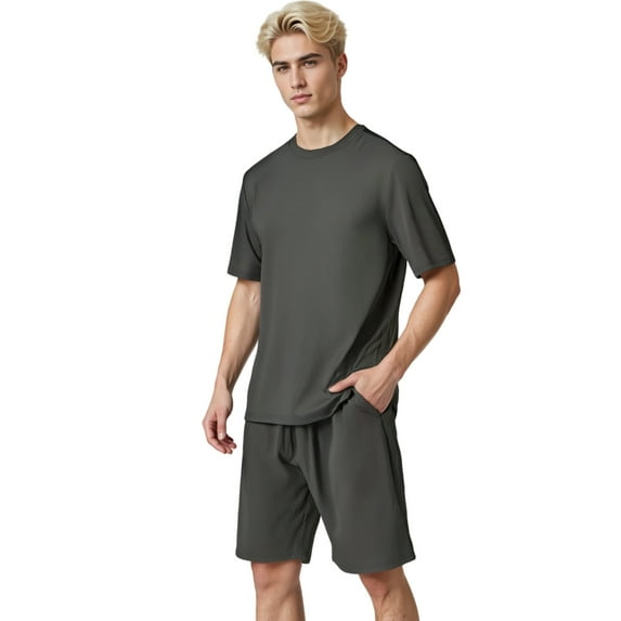 LANBAOSI Mens Pajama Set Summer Ribbed Knit Lounge Short Set 2-Piece Breathable Soft Sleepwear Set Size L