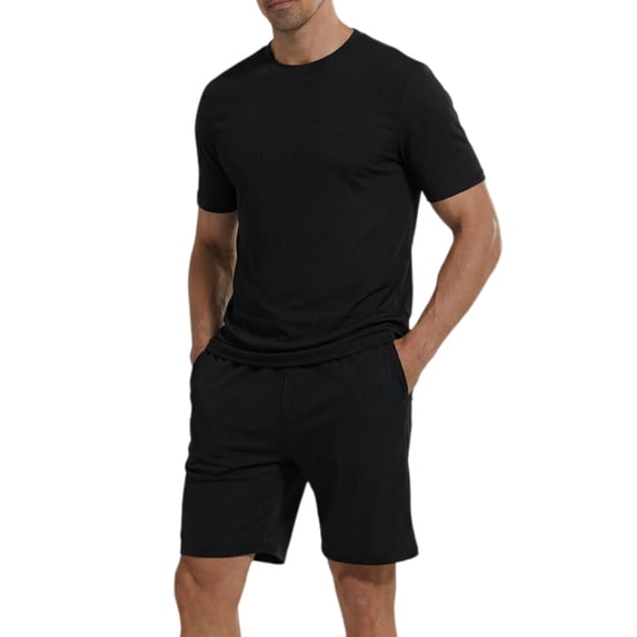 LANBAOSI Mens Pajama Set Summer Ribbed Knit Lounge Short Set 2-Piece Breathable Soft Sleepwear Set Size M