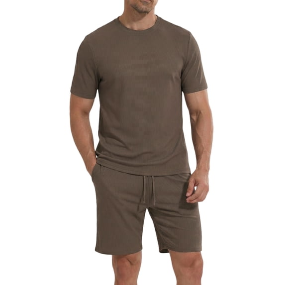 LANBAOSI Mens Pajama Set Summer Ribbed Knit Lounge Short Set 2-Piece Breathable Soft Sleepwear Set Size M