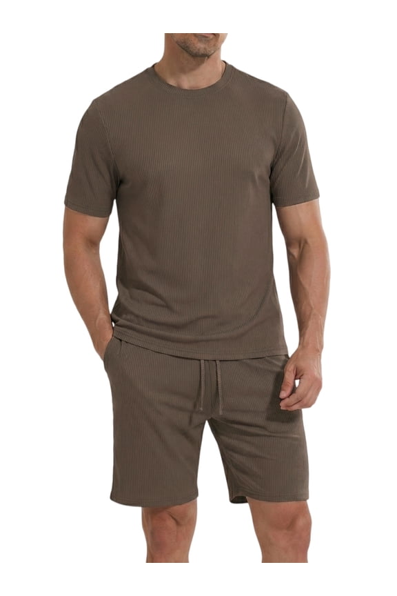 Mens Pajama Set Summer Ribbed Knit Lounge Short Set 2-Piece Breathable Soft Sleepwear Set Size XL