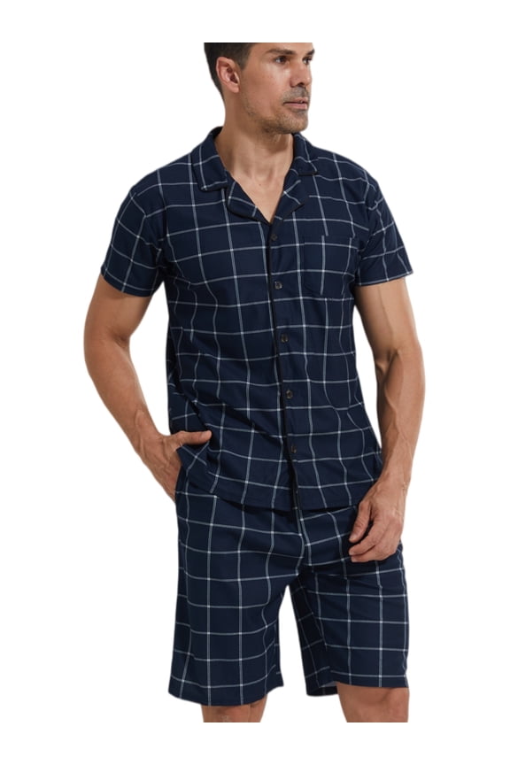 Mens Pajamas Set Short Sleeve Button Down Shirts and Plaid PJ Shorts 2pc Soft Lounge Sleepwear Set(Navy Plaid,L)
