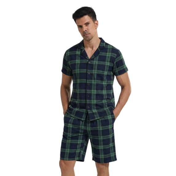 LANBAOSI Mens Pajamas Set Short Sleeve Button Down Shirts and Plaid PJ Shorts 2pc Soft Lounge Sleepwear Set(Green Plaid,L)
