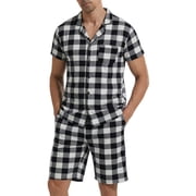 LANBAOSI Mens Pajamas Set Short Sleeve Button Down Shirts and Plaid PJ Shorts 2pc Soft Lounge Sleepwear SetWhite Plaid,L
